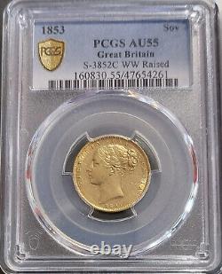 1853 GREAT BRITAIN Young Victoria Shield Back GOLD Full Sovereign Coin PCGS AU55