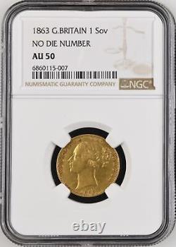 1863 Great Britain Gold Sovereign NGC AU-50 NO DIE NUMBER
