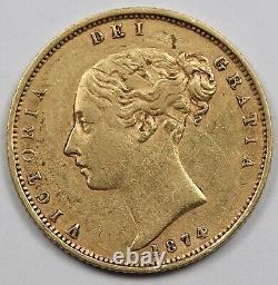 1874 Great Britain 1/2 Sovereign Gold Coin of Victoria Young Head Shield Back