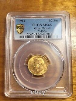 1914 Great Britain 1/2 Half Sovereign Gold Coin PCGS MS65, Very High Grade