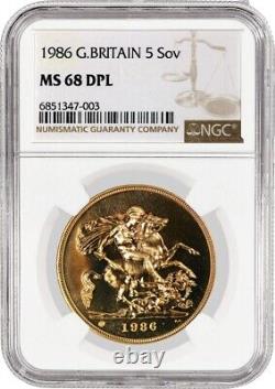 1986 5 Sovereign Gold Great Britain Queen Elizabeth II NGC MS68 DPL Coin