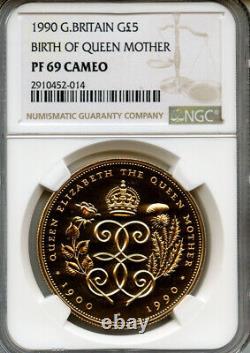 1990 Gold Great Britain 5 POUNDS Sovereign Queen Mother NGC PROOF 69 Ultra Cameo
