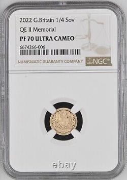 2022 Great Britain Gold Proof Quarter Sovereign. NGC PF 70. QE II MEMORIAL 1/4