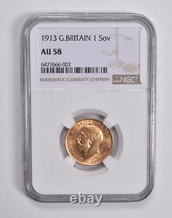 AU58 1913 Great Britain 1 Gold Sovereign NGC 6500