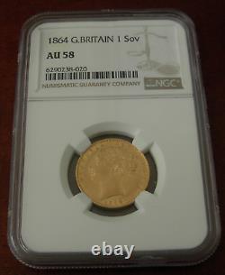 Great Britain 1864 Gold Shield Sovereign NGC AU58 Victoria